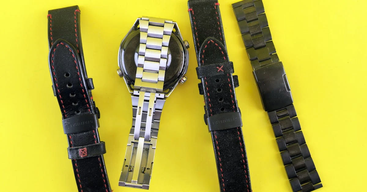 時計のストラップとメタルブレスレットを交換するための工具と腕時計
